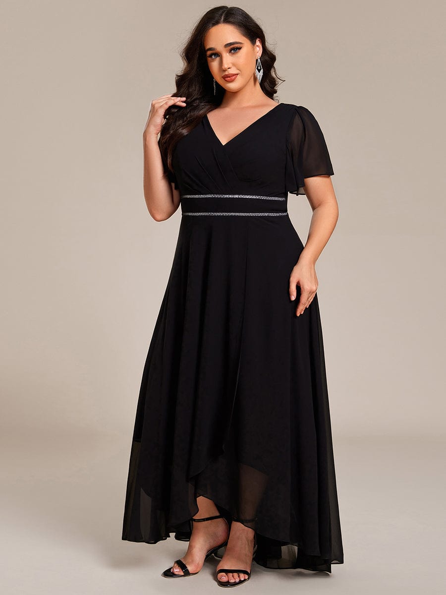 Chiffon Ruffle Sleeves Rhinestone Waist High-Low Wedding Guest Dress For Wedding #color_Black