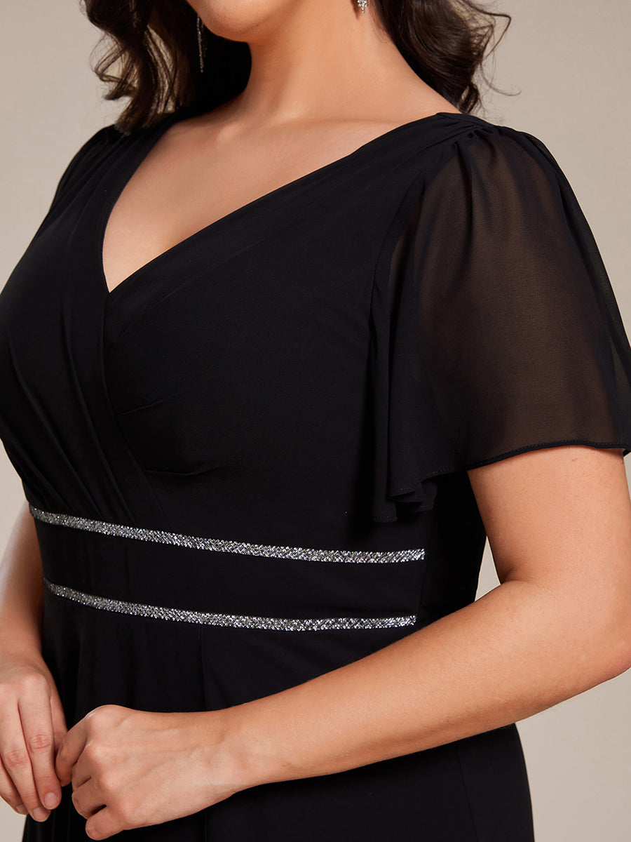 Chiffon Ruffle Sleeves Rhinestone Waist High-Low Wedding Guest Dress For Wedding #color_Black
