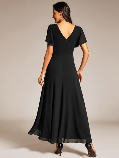 Chiffon Ruffle Sleeves Rhinestone Waist High-Low Wedding Guest Dress For Wedding #color_Black