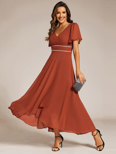 Chiffon Ruffle Sleeves Rhinestone Waist High-Low Evening Dress For Wedding #color_Burnt Orange