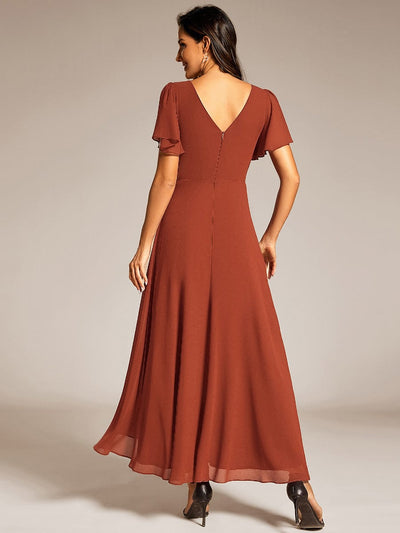Chiffon Ruffle Sleeves Rhinestone Waist High-Low Evening Dress For Wedding #color_Burnt Orange