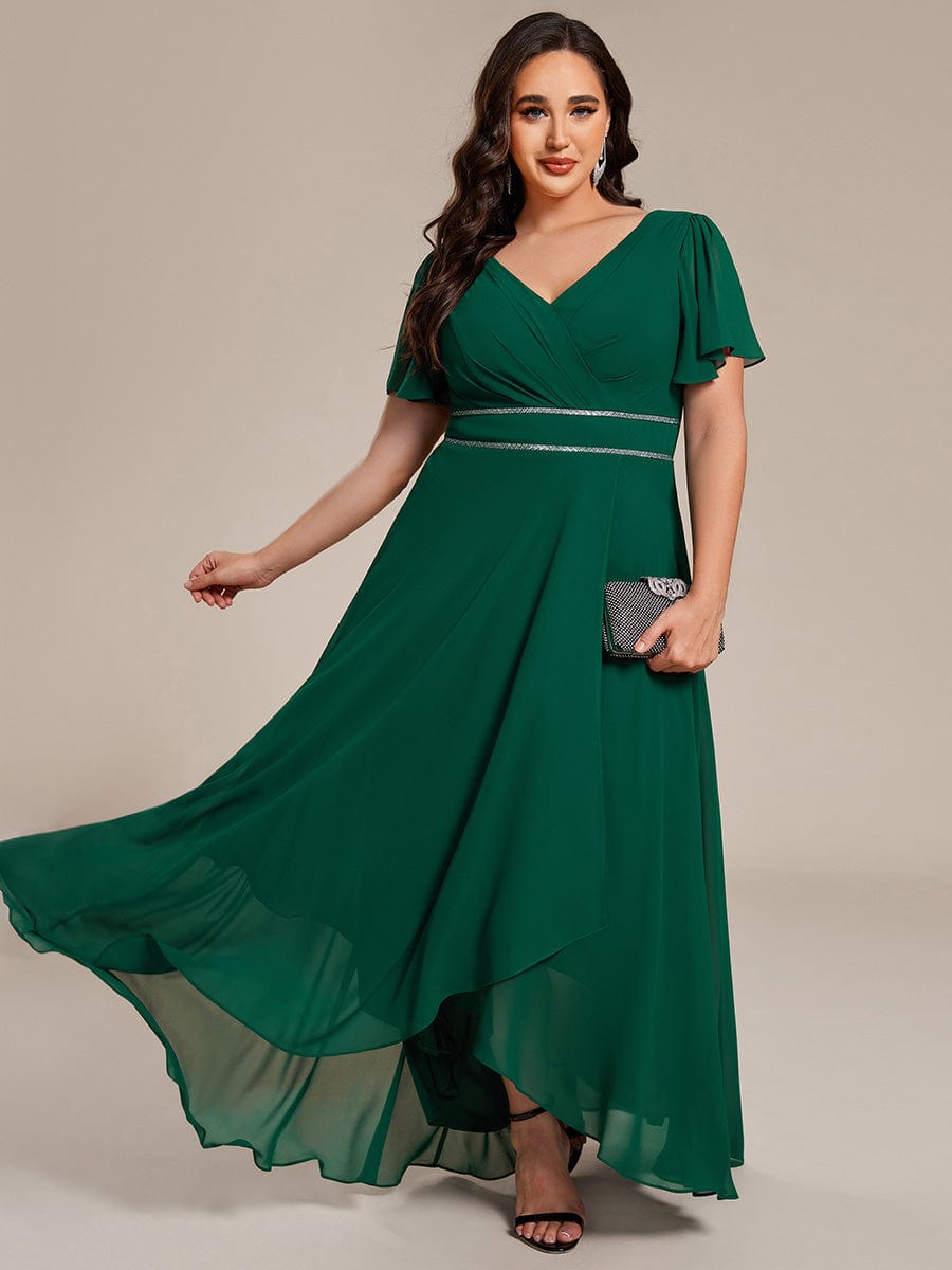 Chiffon Ruffle Sleeves Rhinestone Waist High-Low Wedding Guest Dress For Wedding #color_Dark Green