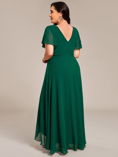Chiffon Ruffle Sleeves Rhinestone Waist High-Low Wedding Guest Dress For Wedding #color_Dark Green