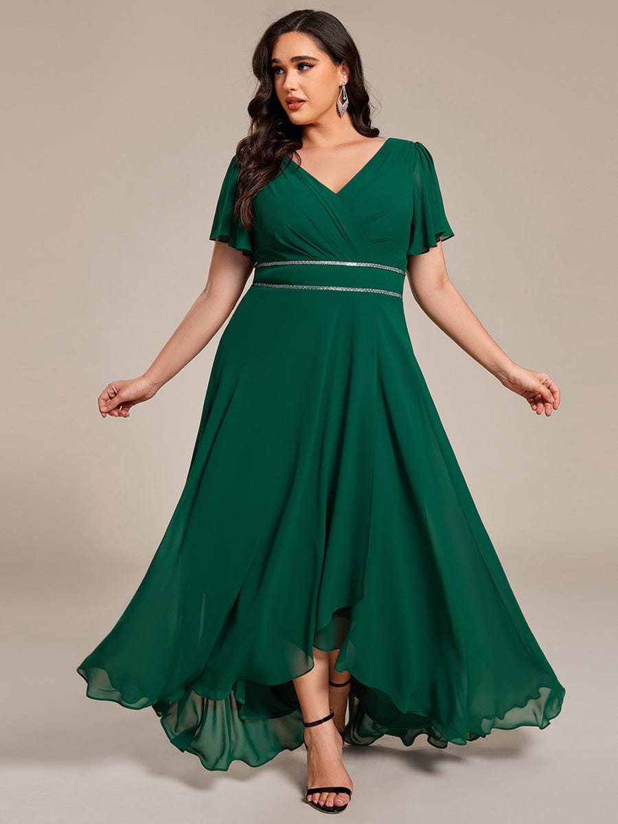 Chiffon Ruffle Sleeves Rhinestone Waist High-Low Wedding Guest Dress For Wedding #color_Dark Green