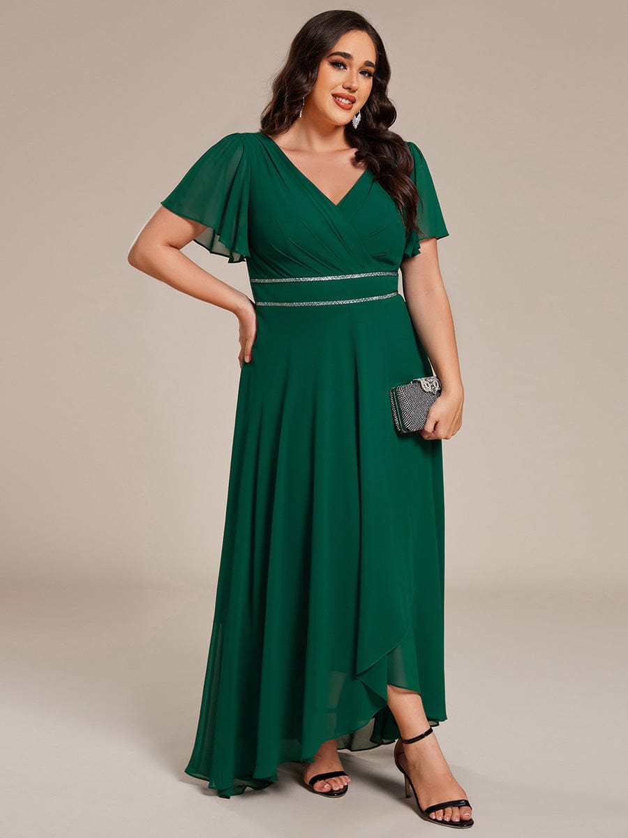 Chiffon Ruffle Sleeves Rhinestone Waist High-Low Wedding Guest Dress For Wedding #color_Dark Green