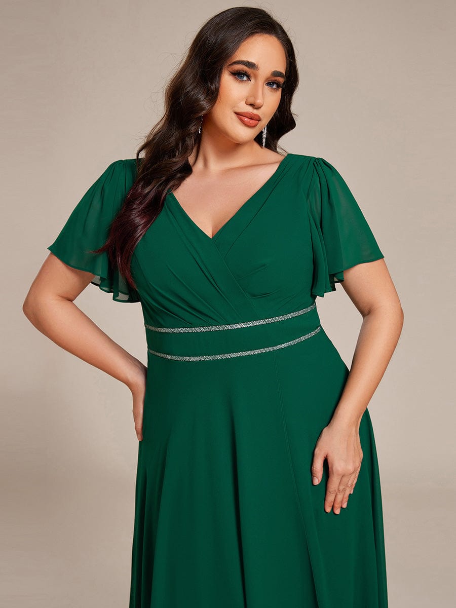 Chiffon Ruffle Sleeves Rhinestone Waist High-Low Wedding Guest Dress For Wedding #color_Dark Green