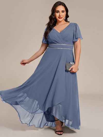 Chiffon Ruffle Sleeves Rhinestone Waist High-Low Wedding Guest Dress For Wedding #color_Dusty Blue