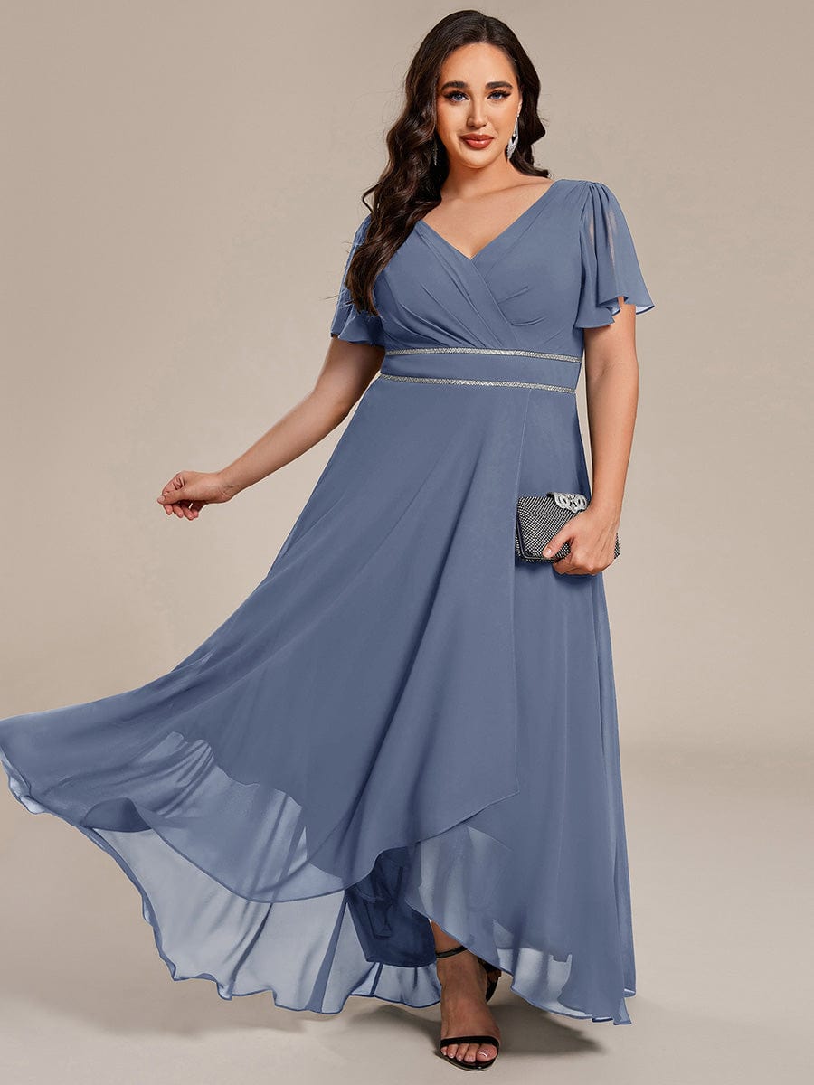 Chiffon Ruffle Sleeves Rhinestone Waist High-Low Wedding Guest Dress For Wedding #color_Dusty Blue
