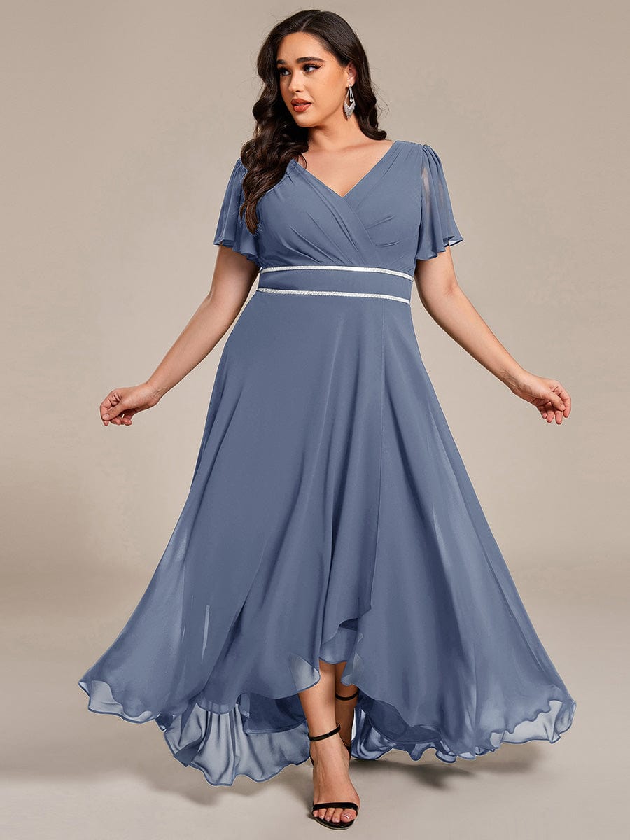 Chiffon Ruffle Sleeves Rhinestone Waist High-Low Wedding Guest Dress For Wedding #color_Dusty Blue