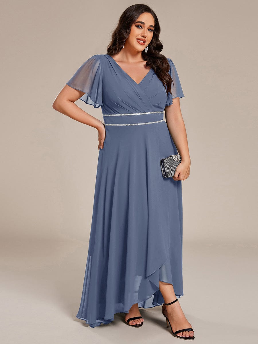 Chiffon Ruffle Sleeves Rhinestone Waist High-Low Wedding Guest Dress For Wedding #color_Dusty Blue