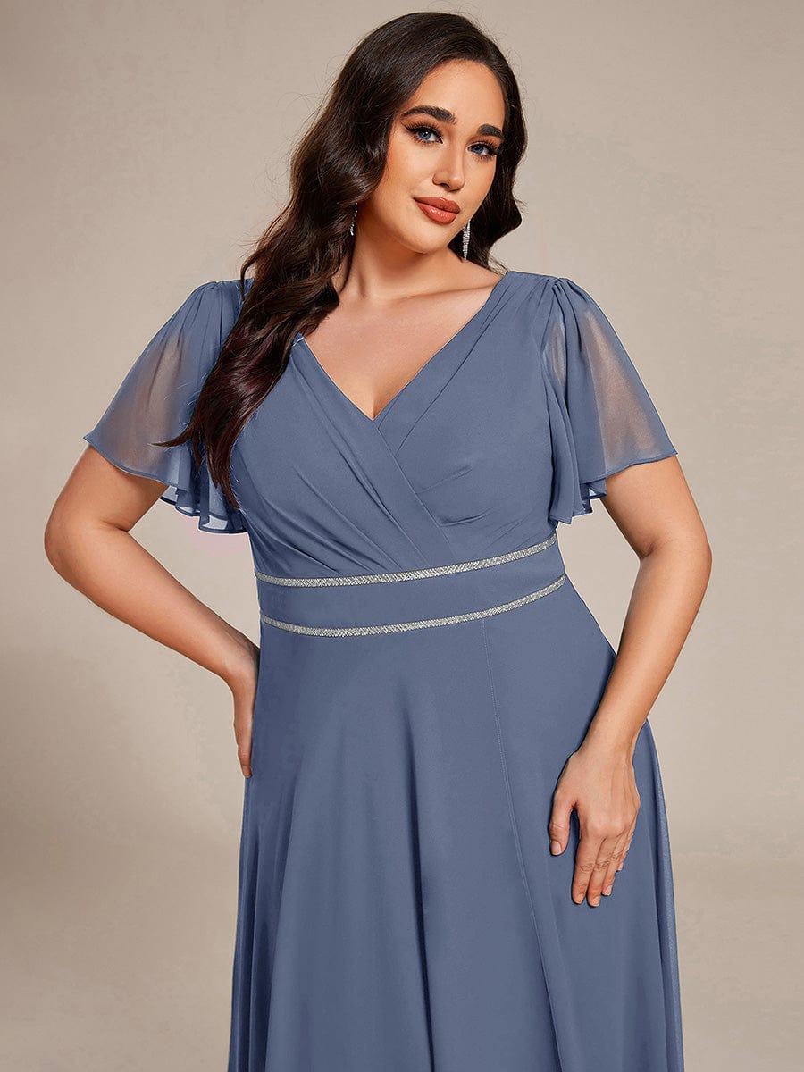 Chiffon Ruffle Sleeves Rhinestone Waist High-Low Wedding Guest Dress For Wedding #color_Dusty Blue
