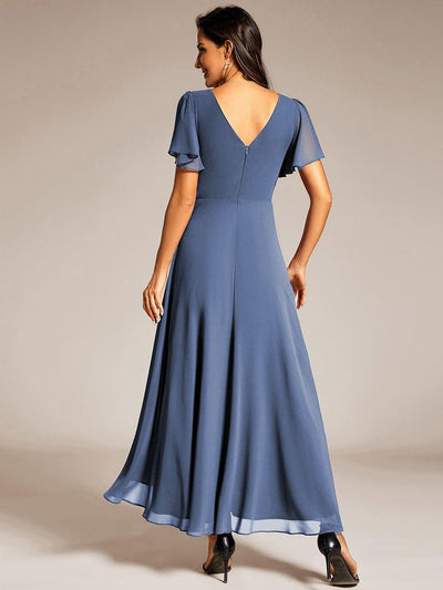 Chiffon Ruffle Sleeves Rhinestone Waist High-Low Wedding Guest Dress For Wedding #color_Dusty Blue