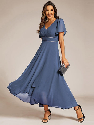 Chiffon Ruffle Sleeves Rhinestone Waist High-Low Wedding Guest Dress For Wedding #color_Dusty Blue