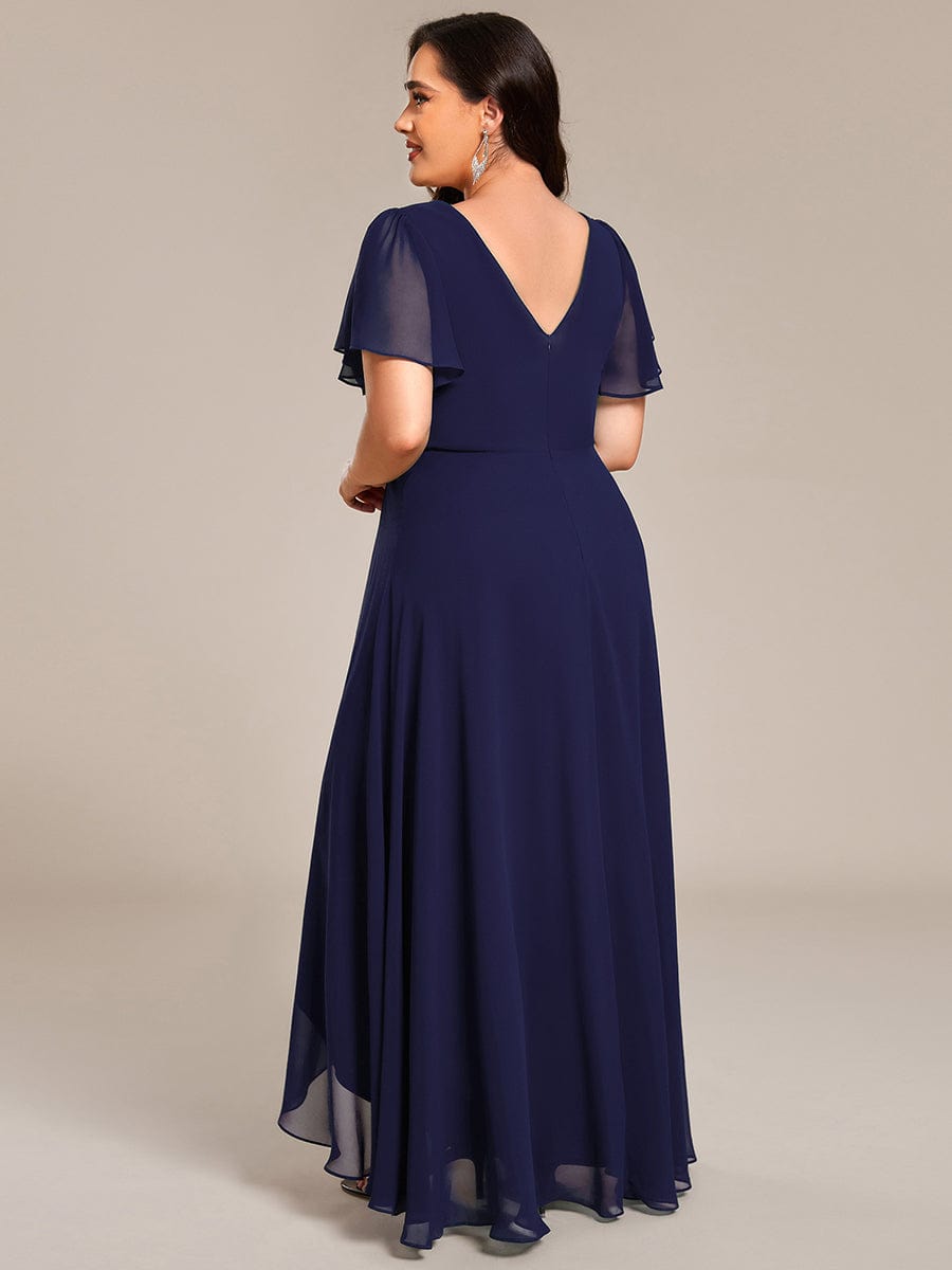 Chiffon Ruffle Sleeves Rhinestone Waist High-Low Wedding Guest Dress For Wedding #color_Navy Blue