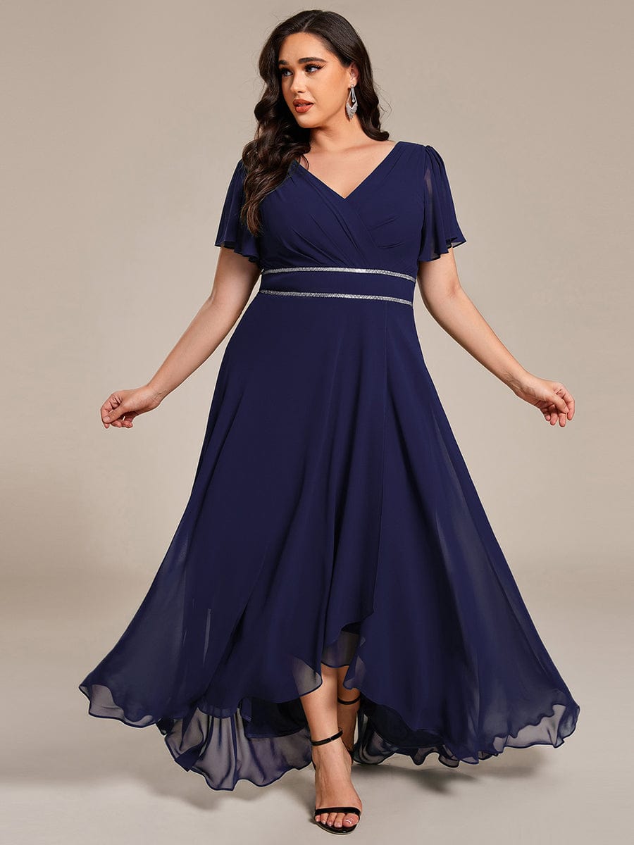 Chiffon Ruffle Sleeves Rhinestone Waist High-Low Wedding Guest Dress For Wedding #color_Navy Blue