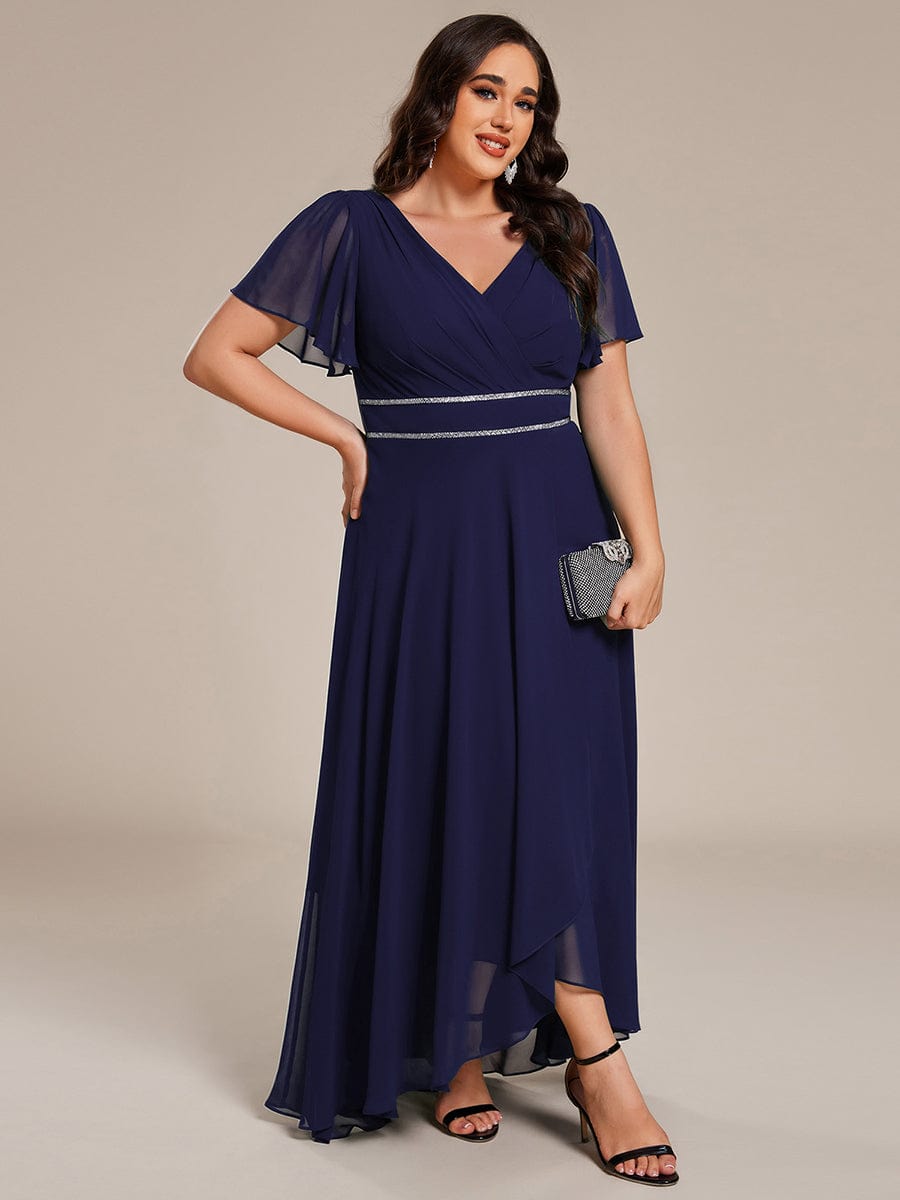 Chiffon Ruffle Sleeves Rhinestone Waist High-Low Wedding Guest Dress For Wedding #color_Navy Blue