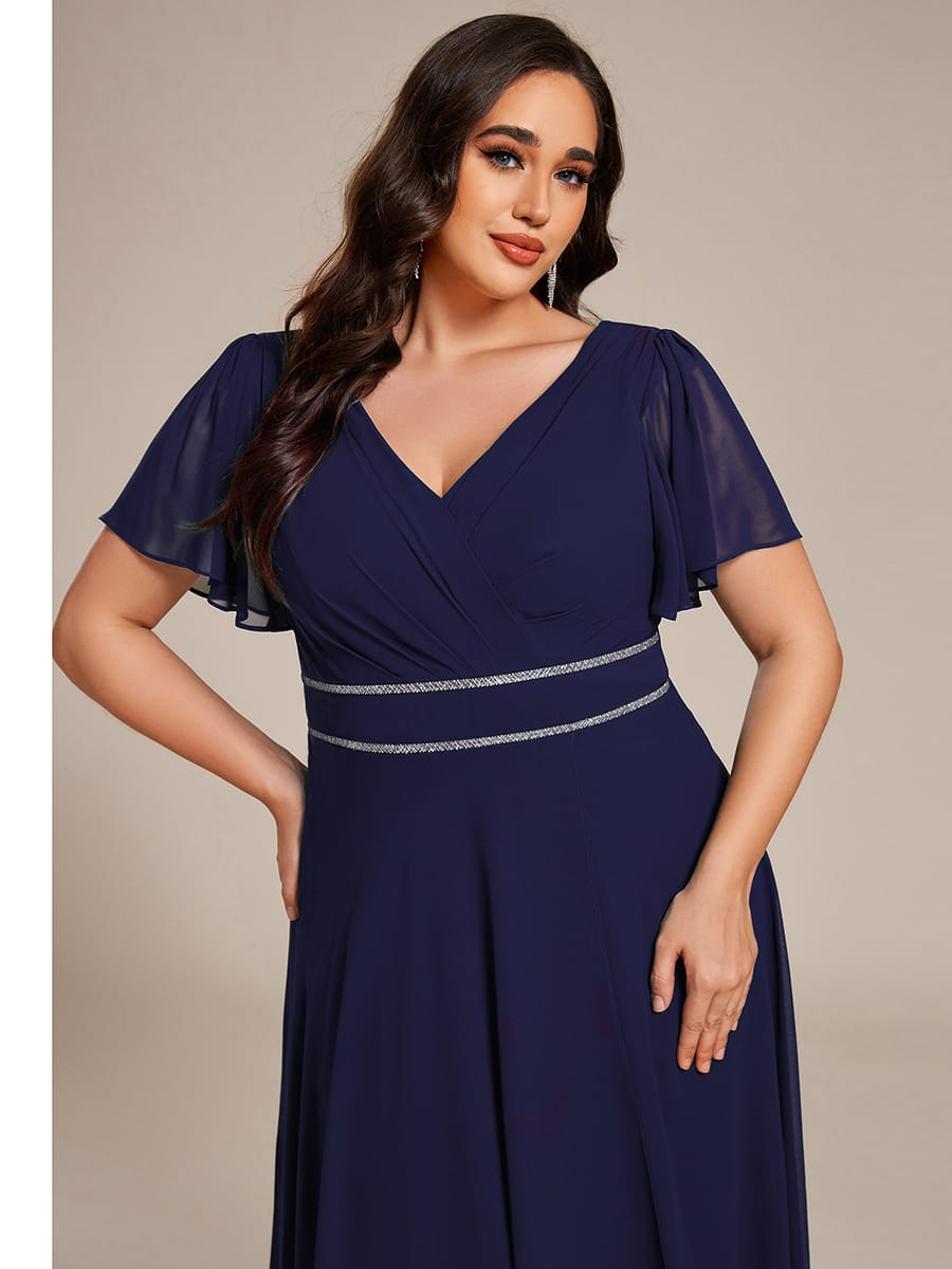 Chiffon Ruffle Sleeves Rhinestone Waist High-Low Evening Dress For Wedding #color_Navy Blue