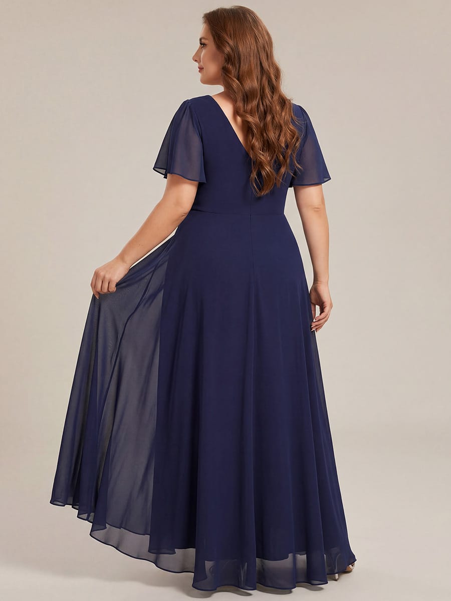 Chiffon Ruffle Sleeves Rhinestone Waist High-Low Evening Dress For Wedding #color_Navy Blue