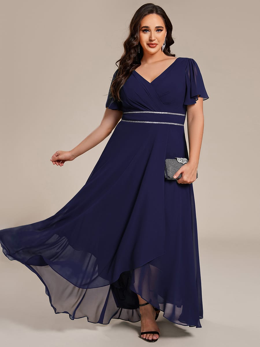 Chiffon Ruffle Sleeves Rhinestone Waist High-Low Evening Dress For Wedding #color_Navy Blue