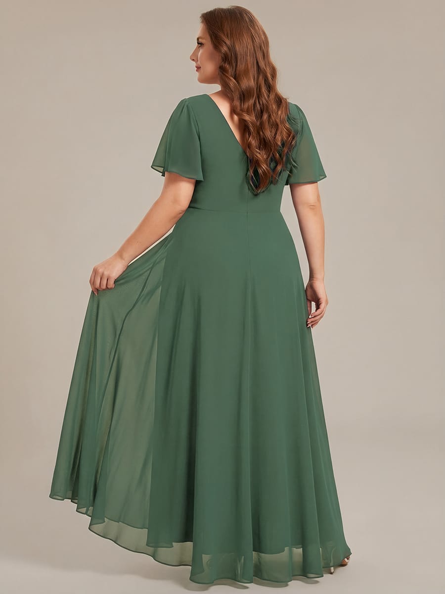 Chiffon Ruffle Sleeves Rhinestone Waist High-Low Evening Dress For Wedding #color_Eucalyptus Green