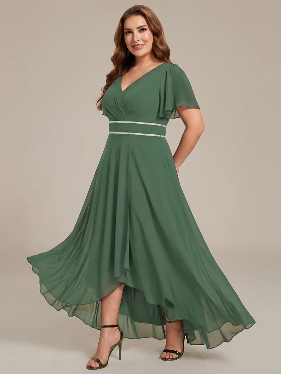 Chiffon Ruffle Sleeves Rhinestone Waist High-Low Evening Dress For Wedding #color_Eucalyptus Green