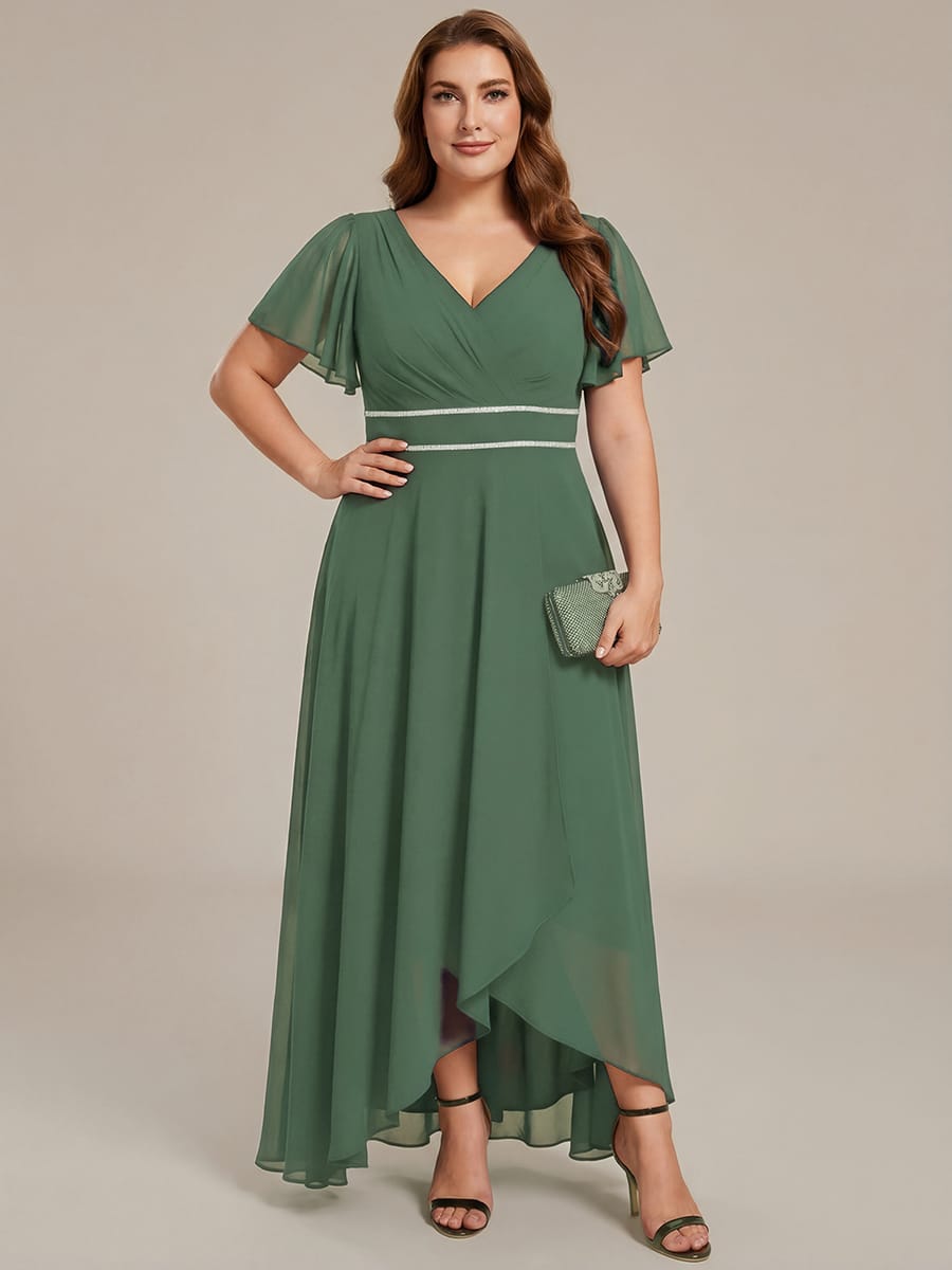 Chiffon Ruffle Sleeves Rhinestone Waist High-Low Evening Dress For Wedding #color_Eucalyptus Green