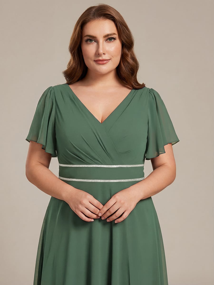 Chiffon Ruffle Sleeves Rhinestone Waist High-Low Evening Dress For Wedding #color_Eucalyptus Green