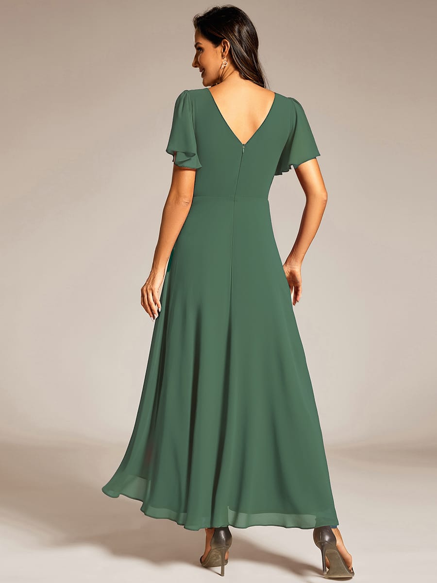 Chiffon Ruffle Sleeves Rhinestone Waist High-Low Evening Dress For Wedding #color_Eucalyptus Green