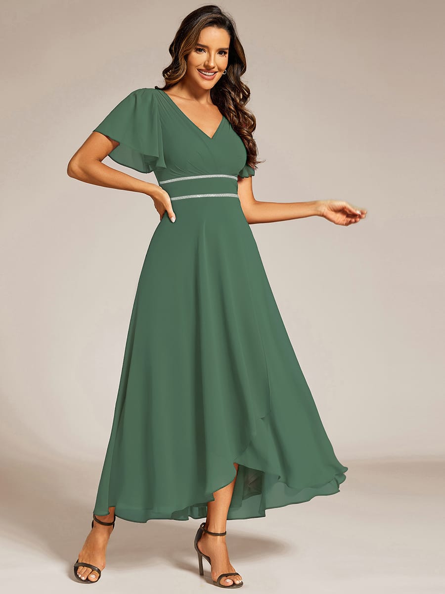 Chiffon Ruffle Sleeves Rhinestone Waist High-Low Evening Dress For Wedding #color_Eucalyptus Green