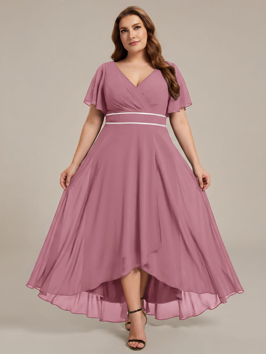 Chiffon Ruffle Sleeves Rhinestone Waist High-Low Evening Dress For Wedding #color_Purple Orchid