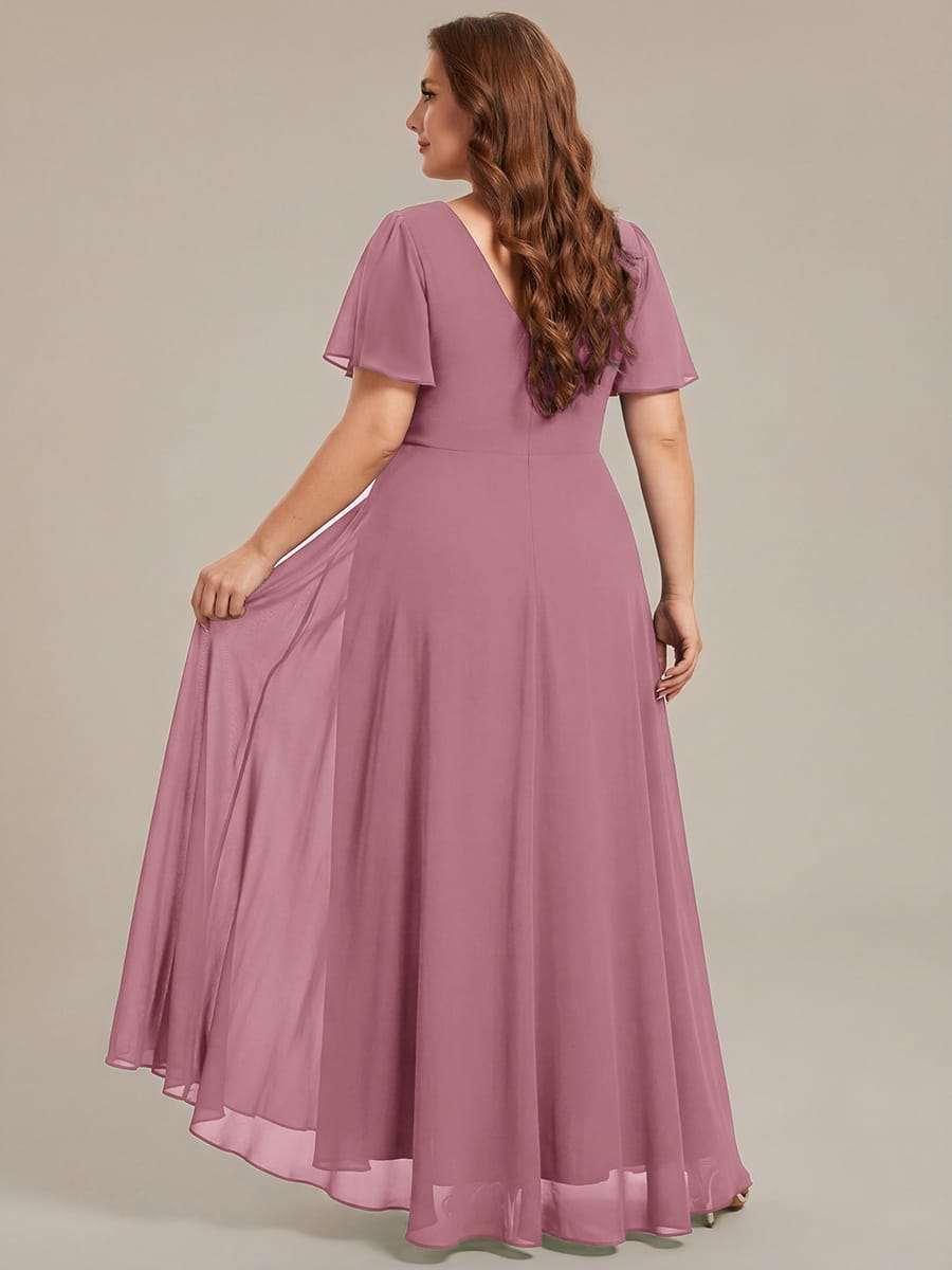 Chiffon Ruffle Sleeves Rhinestone Waist High-Low Evening Dress For Wedding #color_Purple Orchid