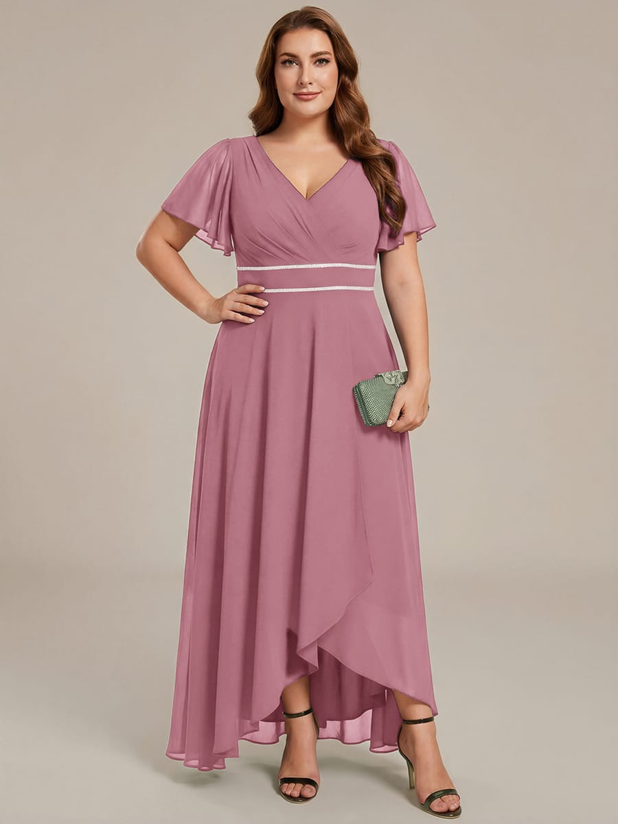 Chiffon Ruffle Sleeves Rhinestone Waist High-Low Evening Dress For Wedding #color_Purple Orchid