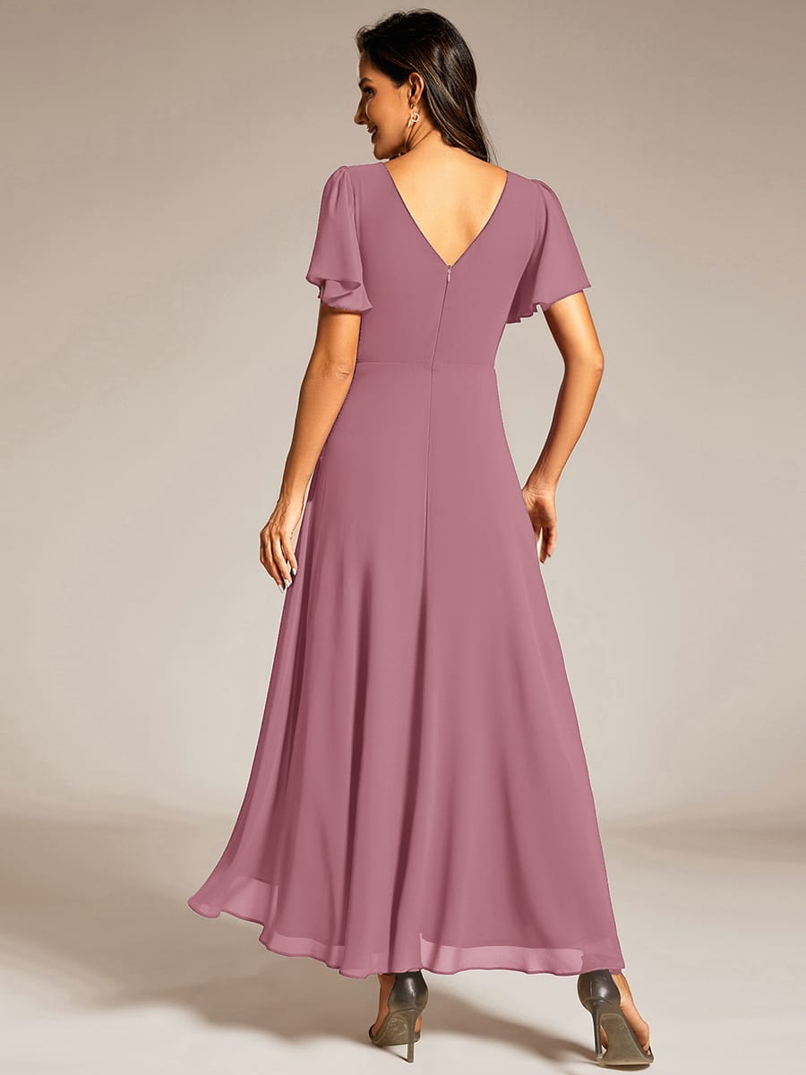 Chiffon Ruffle Sleeves Rhinestone Waist High-Low Evening Dress For Wedding #color_Purple Orchid
