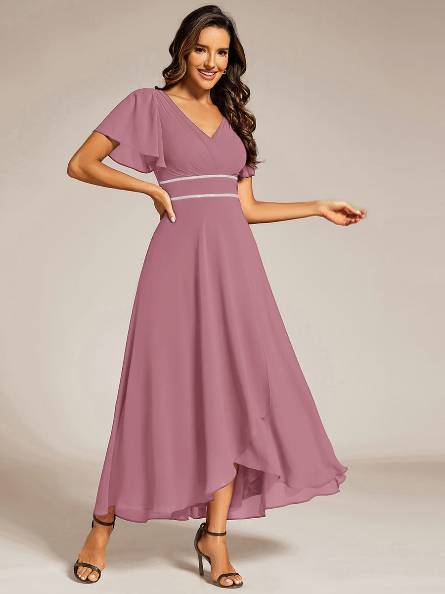 Chiffon Ruffle Sleeves Rhinestone Waist High-Low Evening Dress For Wedding #color_Purple Orchid