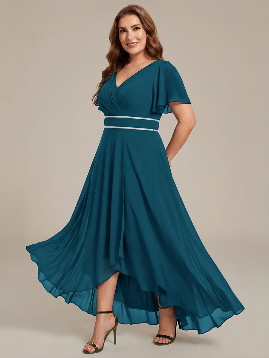 Chiffon Ruffle Sleeves Rhinestone Waist High-Low Evening Dress For Wedding #color_Teal Blue