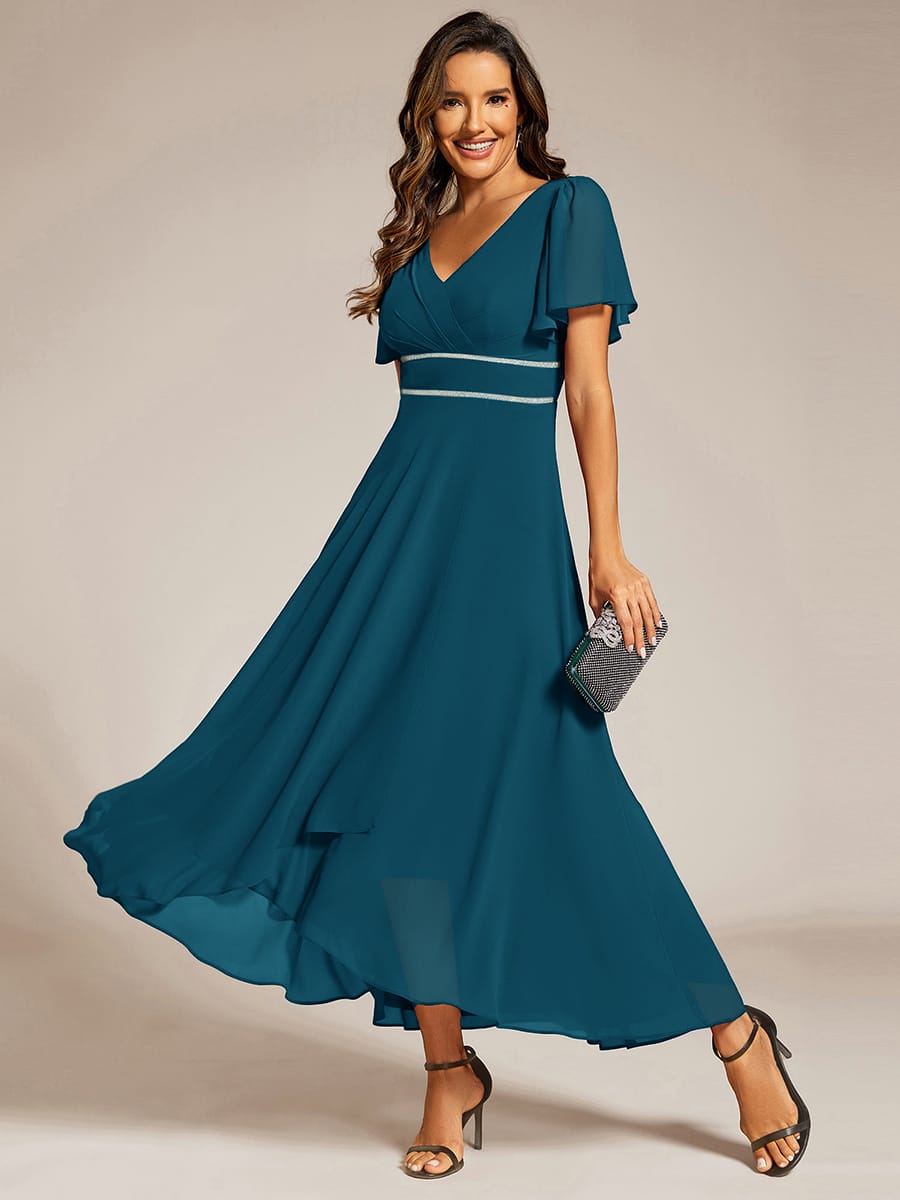 Chiffon Ruffle Sleeves Rhinestone Waist High-Low Evening Dress For Wedding #color_Teal Blue