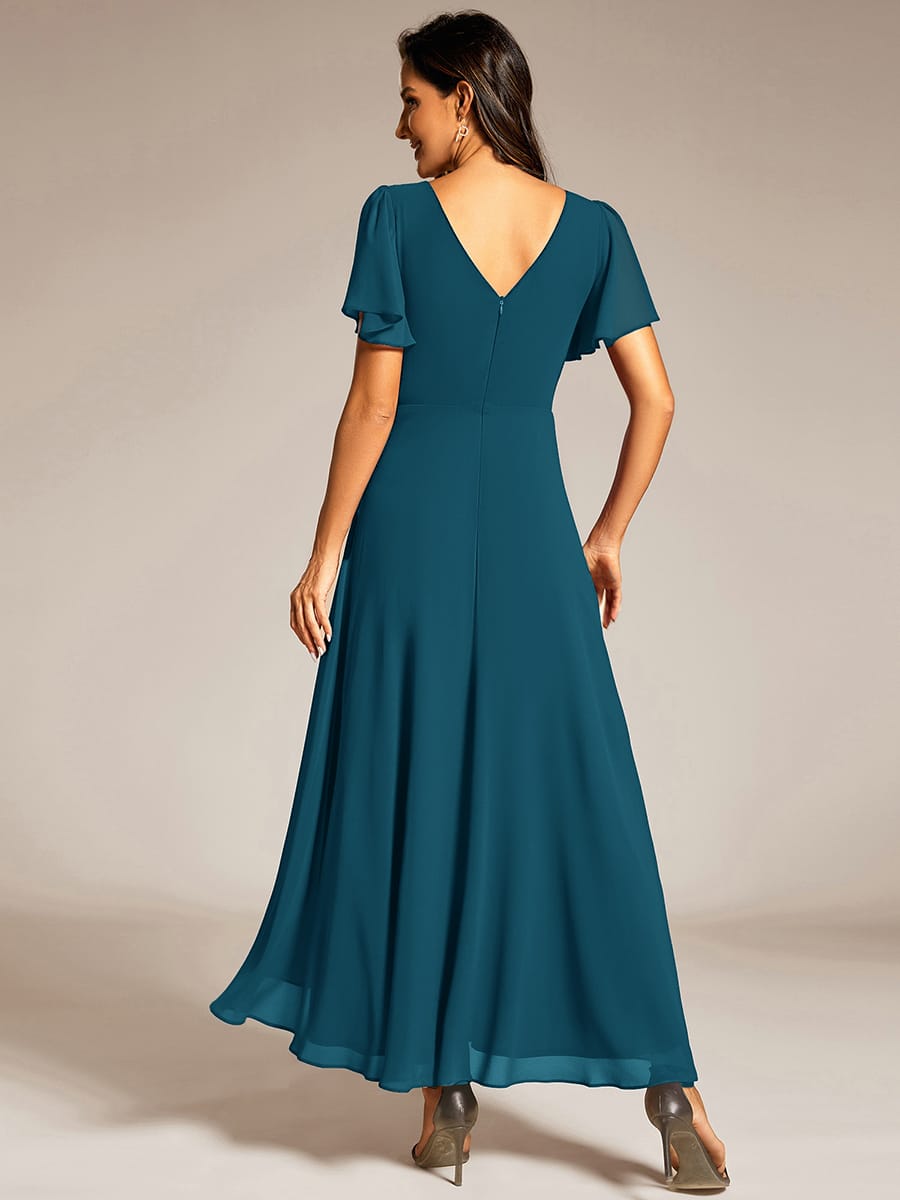 Chiffon Ruffle Sleeves Rhinestone Waist High-Low Evening Dress For Wedding #color_Teal Blue