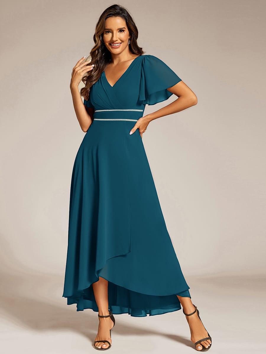 Chiffon Ruffle Sleeves Rhinestone Waist High-Low Evening Dress For Wedding #color_Teal Blue
