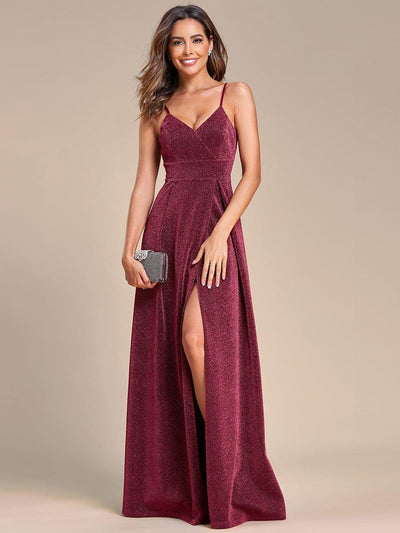 Vintage V-neck Spaghetti Straps Glitter Maxi Evening Dress #color_Burgundy