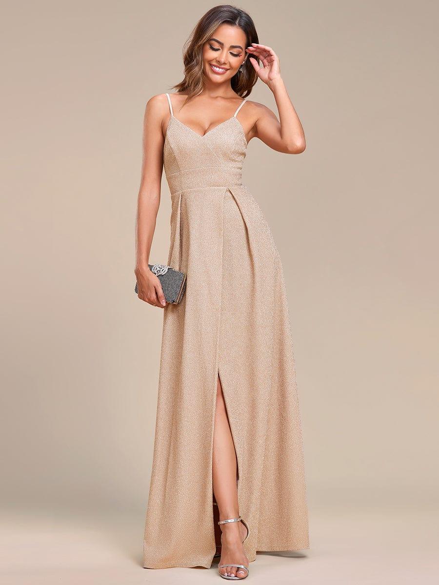 Vintage V-neck Spaghetti Straps Glitter Maxi Evening Dress #color_Blush