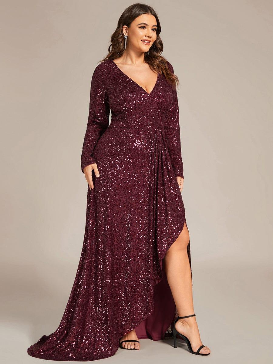 Sequin V-Neck Long Sleeve Evening Dress #color_Burgundy