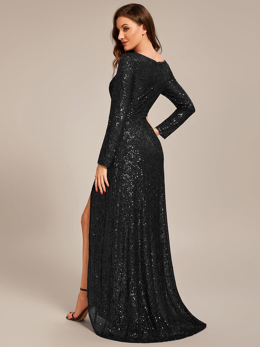 Long Sleeve V-neck Asymmetrical Hem Sequin Evening Dress #color_Black