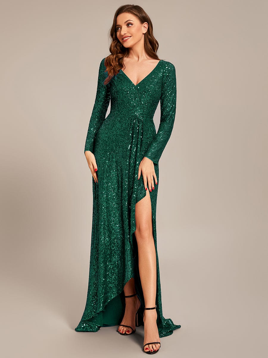 Long Sleeve V-neck Asymmetrical Hem Sequin Evening Dress #color_Dark Green