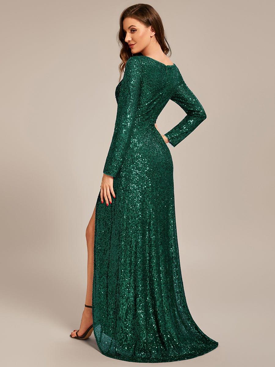 Long Sleeve V-neck Asymmetrical Hem Sequin Evening Dress #color_Dark Green