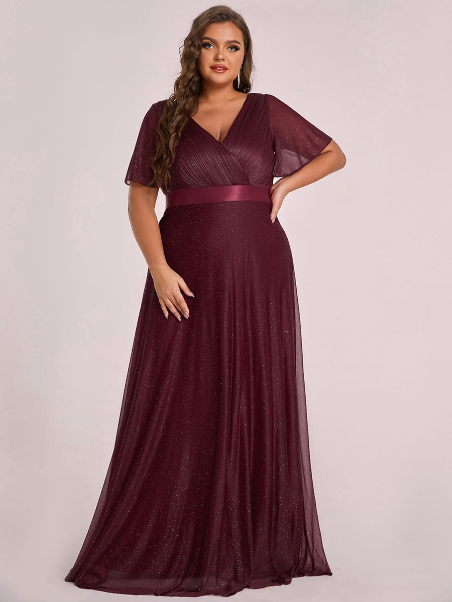 Long Shimmery Flutter Sleeve Pleated V-Neck Evening Dress #color_Burgundy