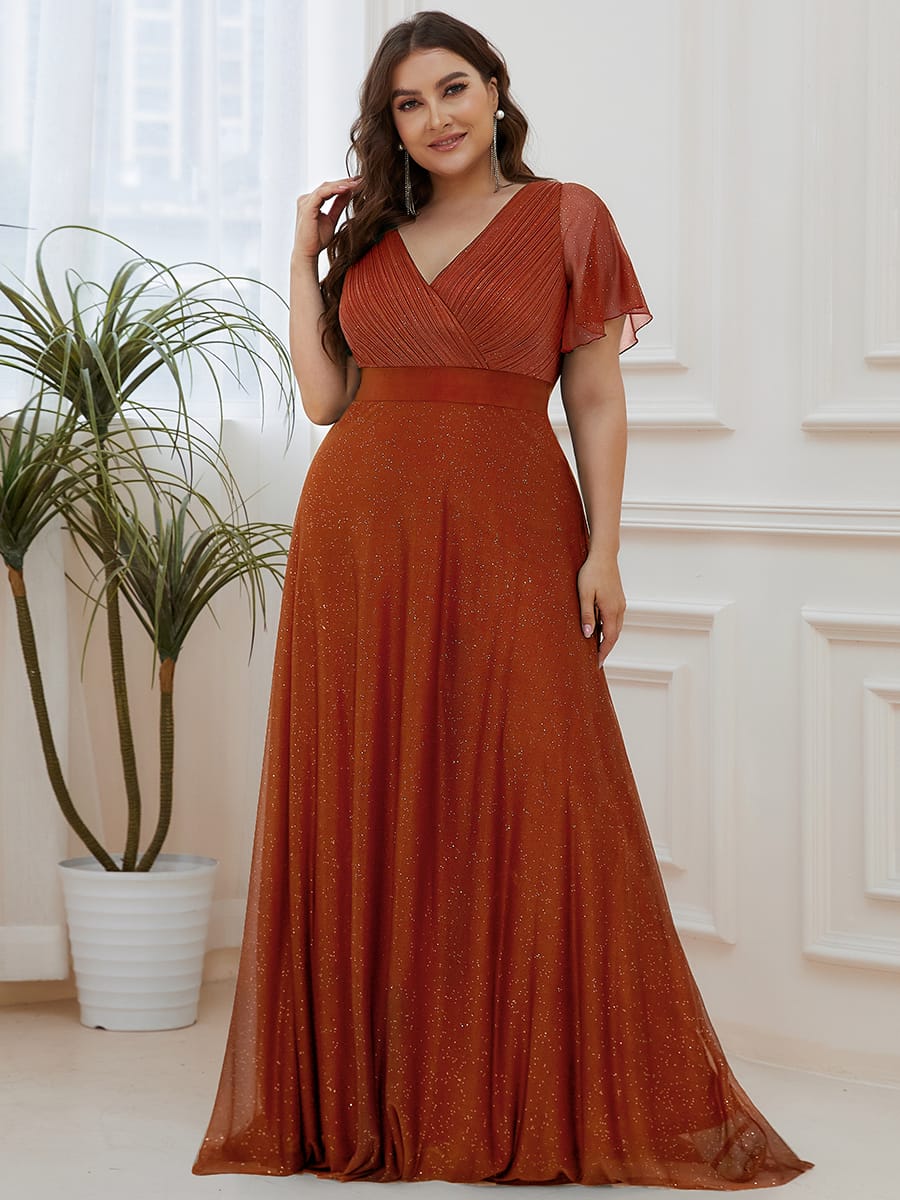 Long Shimmery Flutter Sleeve Pleated V-Neck Evening Dress #color_Burnt Orange