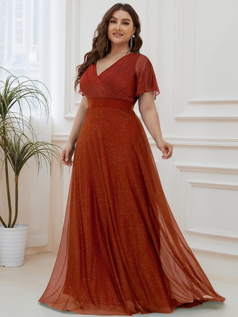 Long Shimmery Flutter Sleeve Pleated V-Neck Evening Dress #color_Burnt Orange
