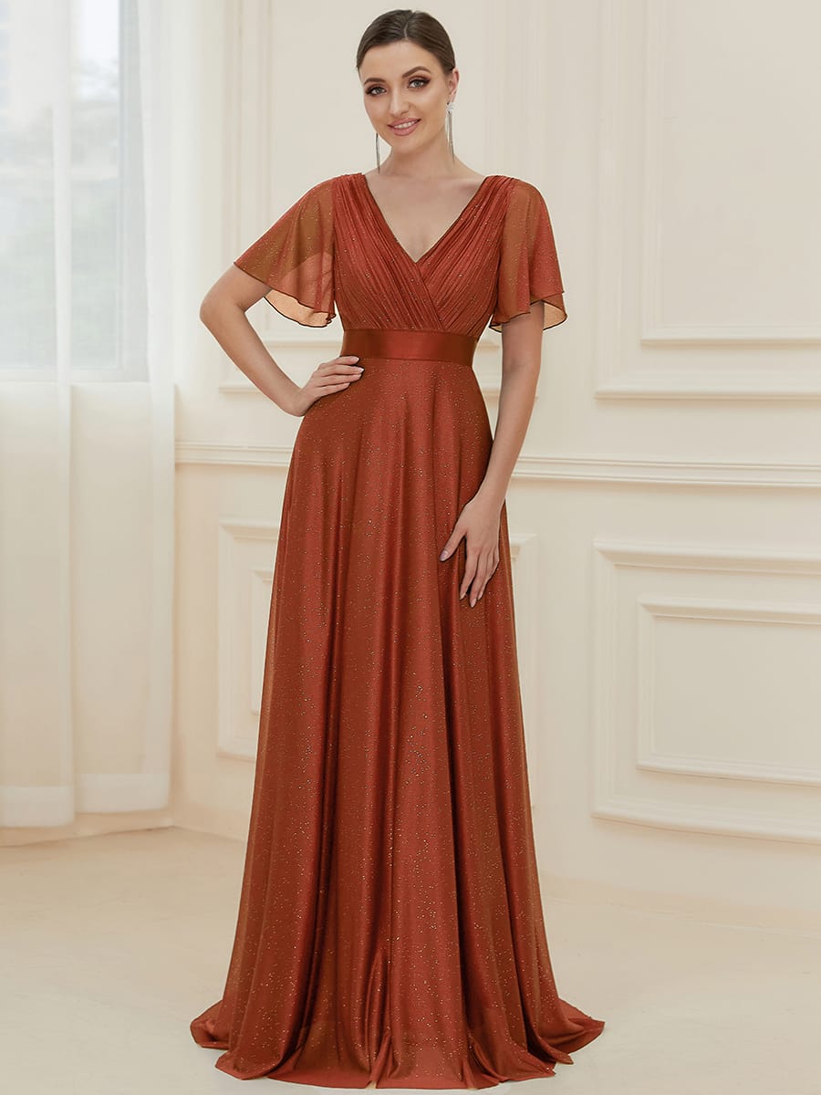 Long Shimmery Flutter Sleeve Pleated V-Neck Evening Dress #color_Burnt Orange
