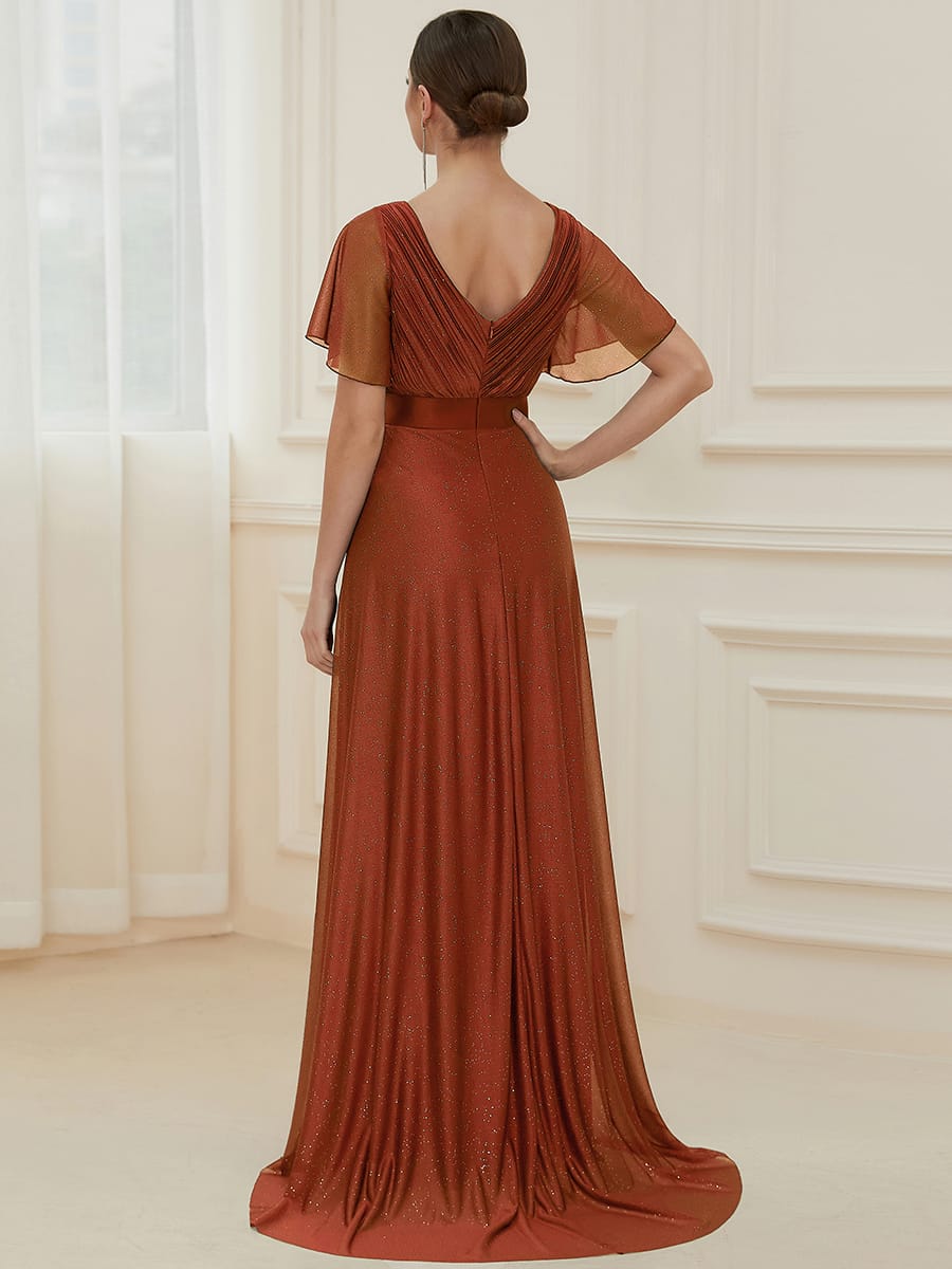 Long Shimmery Flutter Sleeve Pleated V-Neck Evening Dress #color_Burnt Orange
