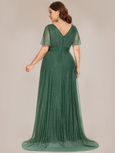 Plus Size Long Shimmery Pleated V-Neck Evening Dress with Flutter Sleeve #color_Eucalyptus Green